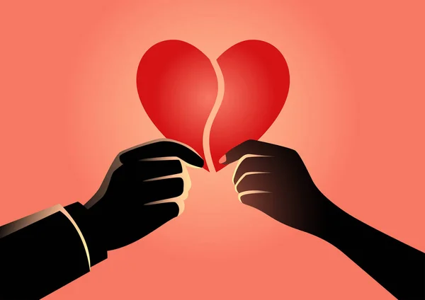 Man and woman hand holding each part of heart symbol — Stock Vector