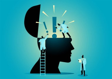 Doktor ya da bilim adamlarından oluşan bir ekibin vektör grafik çizelgesi. İnsan kafası simgesini ünlem işaretiyle kontrol ediyor. Anksiyete bozukluğunu simgeliyor.