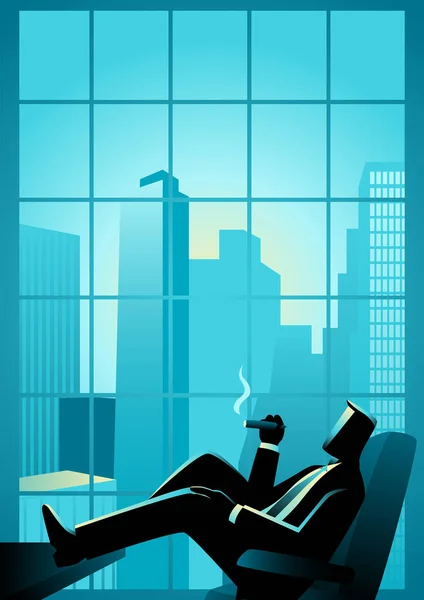 超高層ビルを眺めながら窓の近くでタバコを吸うビジネスマンのビジネスベクトル図 — ストックベクタ