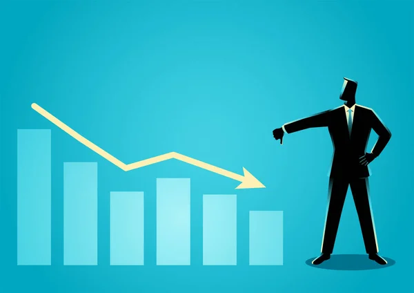 Business Concept Vector Illustration Businessman Posing Thumb Decreasing Graphic Chart — Stock Vector