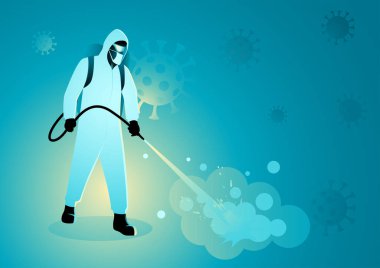 Koruyucu kıyafetli bir adamın temizlik ve dezenfekte virüsü, Covid-19, Coronavirus, koruyucu önlem olarak dezenfektan püskürtmesinin vektör çizimi.