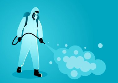 Koruyucu kıyafetli bir adamın temizlik ve dezenfekte virüsü, Covid-19, Coronavirus, koruyucu önlem olarak dezenfektan püskürtmesinin vektör çizimi.