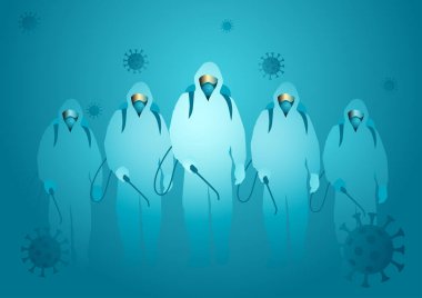 Vector illustration of men in hazmat suit ready to spraying disinfectant to cleaning and disinfect virus, Covid-19, Coronavirus, preventive measure clipart