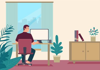 Cartoon illustration of a man working at home. Freelancer working on computer at home. Vector flat style illustration clipart