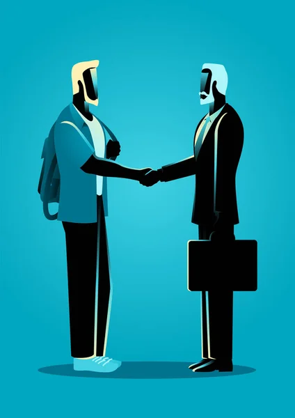 正式なビジネスマンと握手カジュアルなビジネスマンのベクトルイラスト ミレニアル世代と保守的なビジネスコンセプト — ストックベクタ