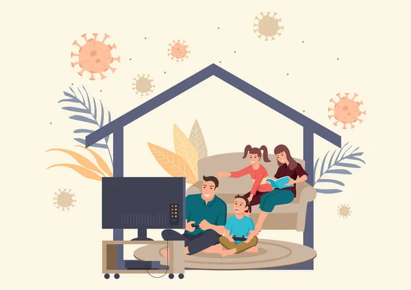 Simple Flat Vector Illustration Family Stay Home Quarantine Self Isolation — Stock Vector
