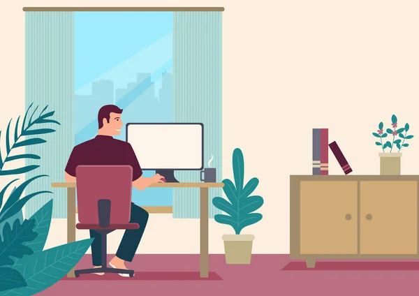 Cartoon Illustration Man Working Home Freelancer Working Computer Home Vector — Stock Vector