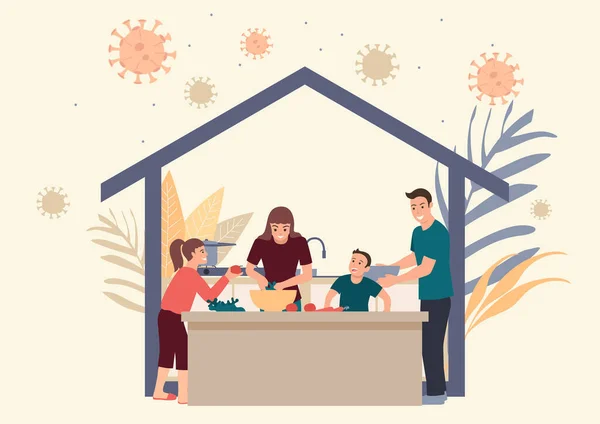 Simples Ilustração Vetorial Plana Permanência Família Casa Fazendo Atividades Diárias — Vetor de Stock