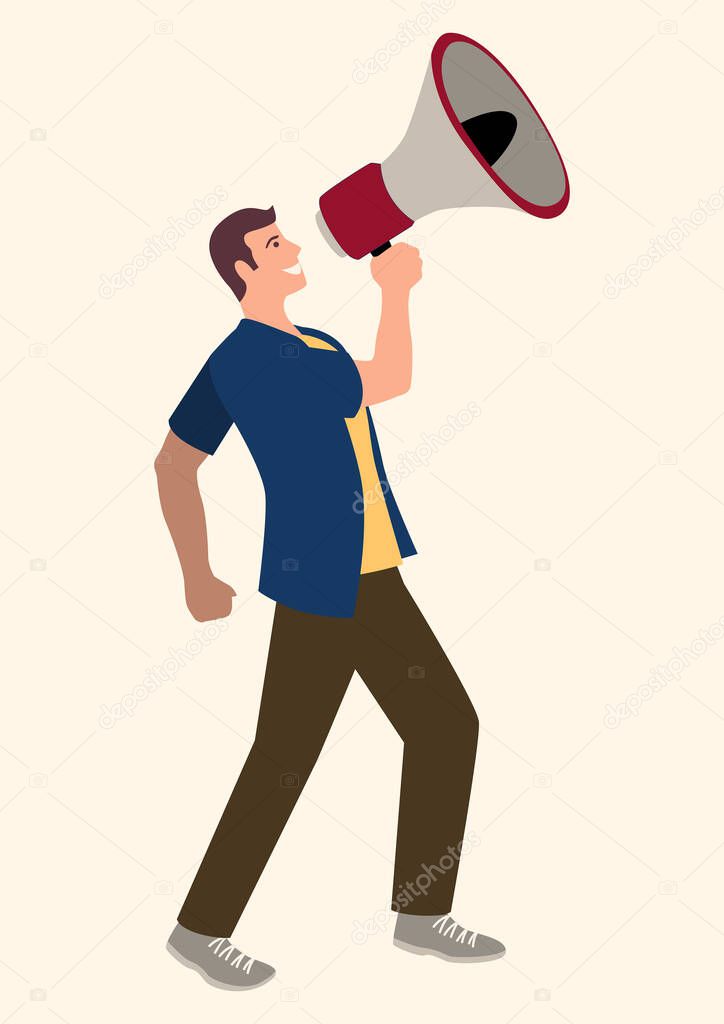 Simple flat vector illustration of a man using megaphone