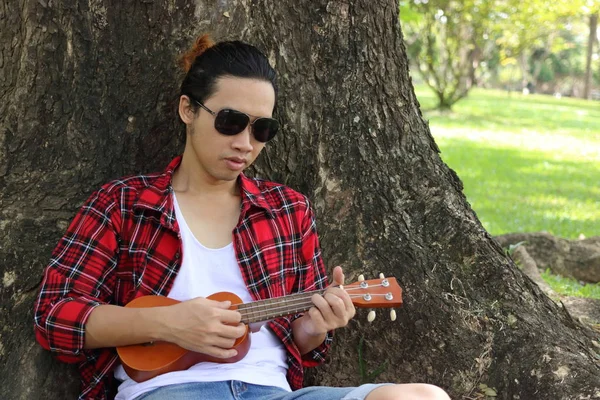 Portrét mladé bokovky člověka hraje na ukulele na pozadí přírody. — Stock fotografie