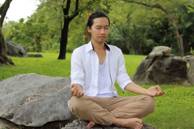 Parkta kayada lotus pozisyonda otururken yoga meditasyon yapan genç yogi erkek.