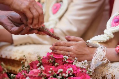 Gelin ve damadın suda ellerinde seçici odak töreni yeniden başlatın. Tay geleneksel düğün