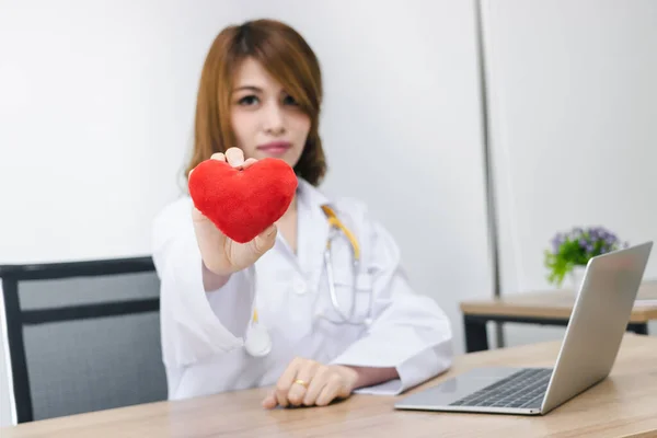 Cardiologist Asian Female Doctor Red Heart Hands Healthy Care Medical — Stock Photo, Image