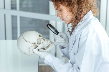 Genç bilim adamları laboratuvarda insan kafatasını inceliyor..