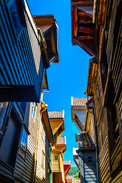 View of wooden buildings of Bryggen in Norway