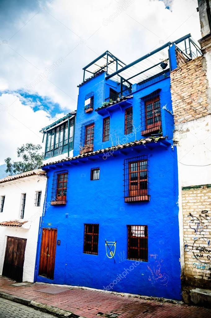 Blue Colonial building in Bogota Colombia