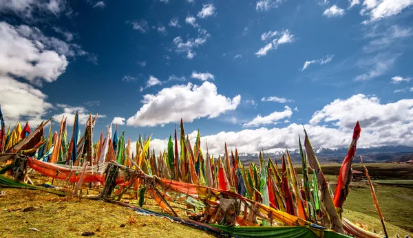 Buddhist prayer flags in the tibetan mountain landscape — Stock Photo, Image