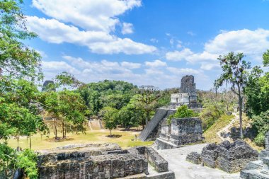Maya piramitleri ve Milli Parkı Tikal Guatemala tapınaklarda üzerinden panoramik görünüm