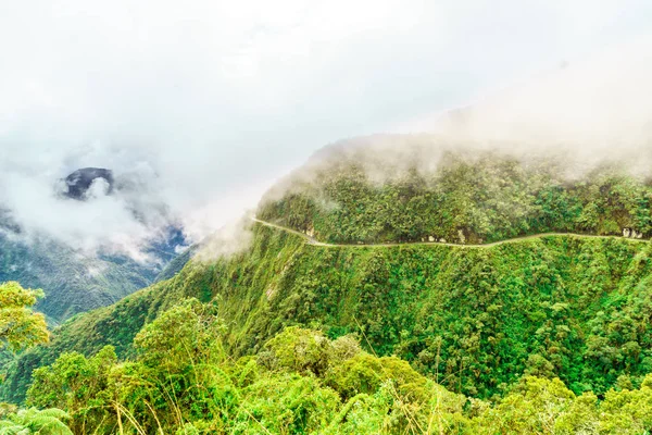 Nebbia sulla strada della morte negli Yungas della Bolivia — Foto Stock