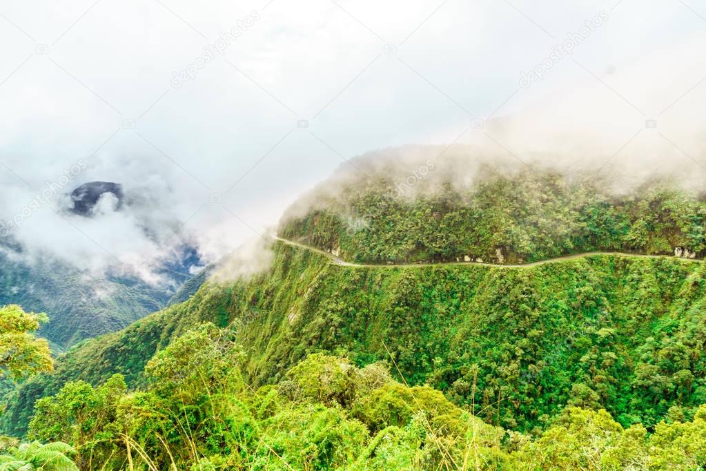 Fog over the Death Road in the Yungas of Bolivia