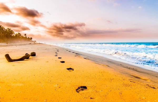 Vista sobre os alimentos e pôr do sol na praia por Tayrona na Colômbia — Fotografia de Stock