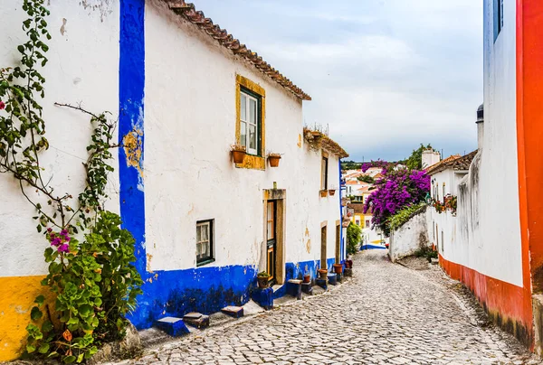 Narrow White Blue Street Nella Città Medievale Obidos Portogallo — Foto Stock