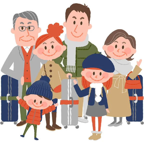 Οικογενειακό ταξίδι - μια καλή οικογένεια που πρόκειται να χειμερινό ταξίδι — Διανυσματικό Αρχείο