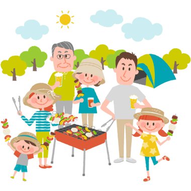 family enjoying barbecue outdoors clipart