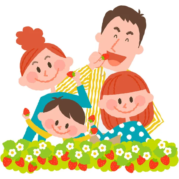 Uma boa família apreciando a colheita de morango —  Vetores de Stock