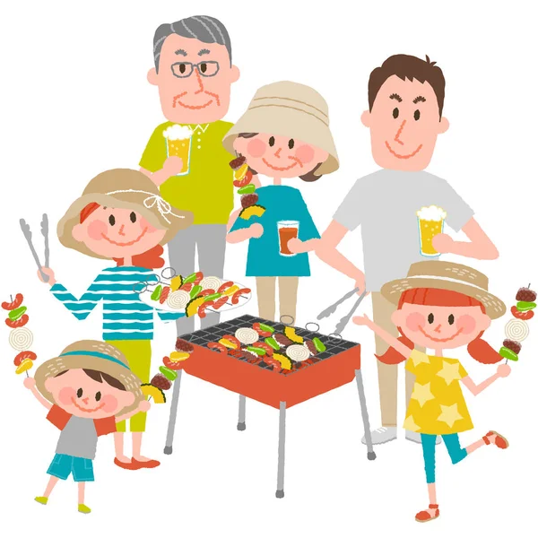 Family enjoying barbecue outdoors — Stock Vector