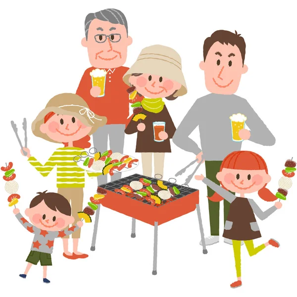 Family enjoying barbecue outdoors — Stock Vector