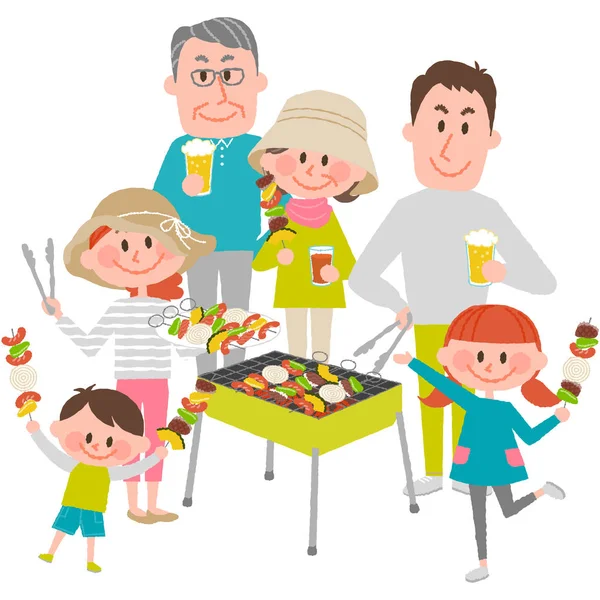 Familia disfrutando de barbacoa al aire libre — Vector de stock