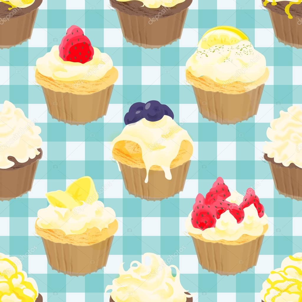 seamless pattern of cupcakes on gingham check