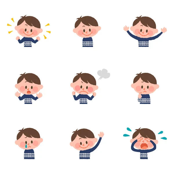 Ilustración de varias expresiones faciales de un niño — Archivo Imágenes Vectoriales