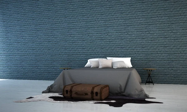 The bedroom interior design and blue brick wall background