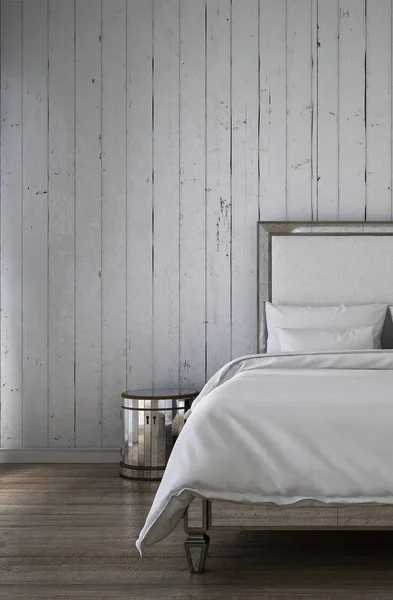 Desain interior kamar tidur putih mewah modern dan latar belakang dinding kayu — Stok Foto