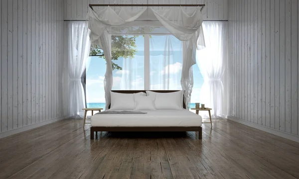 El diseño interior del dormitorio de lujo y la pared de madera de fondo y vistas al mar —  Fotos de Stock