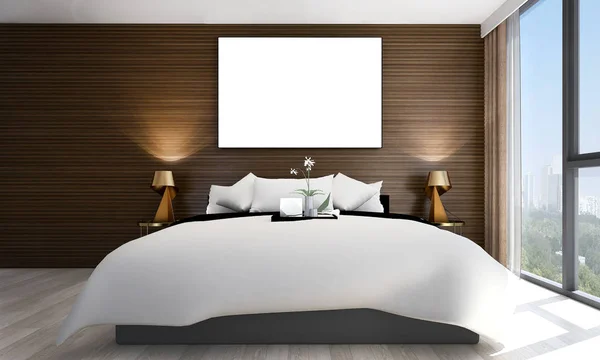 Lüks yatak odası iç tasarım ve ahşap duvar doku ve resim çerçeve — Stok fotoğraf