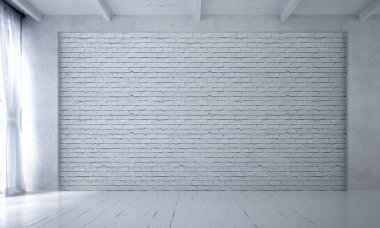 İç tasarım boş oturma odası ve beyaz tuğla doku duvar arka plan