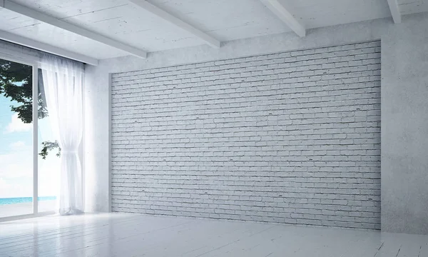 El diseño interior de la sala de estar blanca vacía y el fondo de pared de textura de ladrillo blanco —  Fotos de Stock