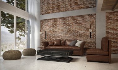 Salon ve oturma odası ve deri koltuk takımı ve kırmızı tuğla duvar doku iç tasarım