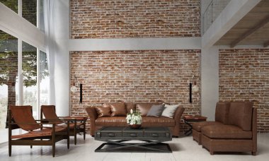İç tasarım kırmızı tuğla duvar doku ve çatı katında salon ve oturma odası ve deri koltuk takımı