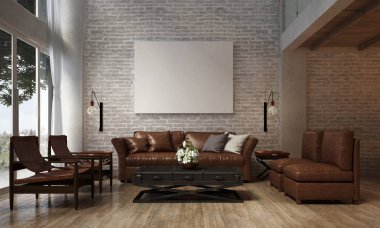 Salon ve oturma odası ve koltuk seti ve tuğla duvar dokusunun iç tasarım / 3d render yeni sahne yeni tasarı
