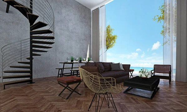 Salon ve oturma odası ve yemek odası ve deniz görünümü ve beton duvar iç tasarım