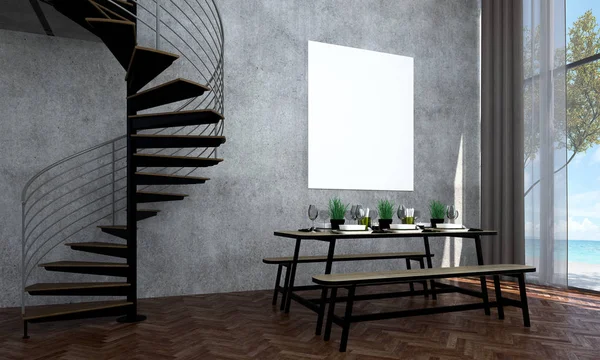 O design interior da sala de jantar e vista mar e parede de concreto e vista mar — Fotografia de Stock
