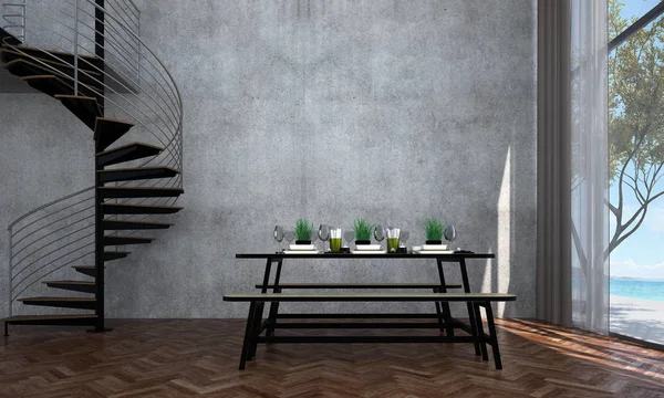 İç tasarım ofdining Oda ve deniz görünümü ve beton duvar
