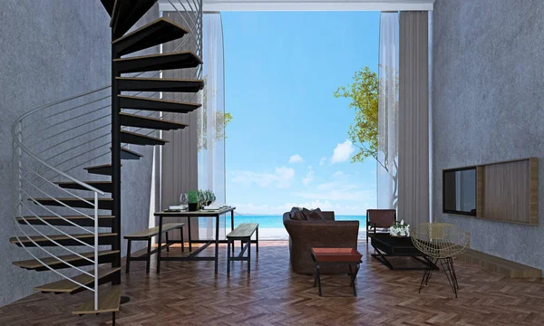 O design interior do salão e sala de estar e sala de jantar e vista para o mar e parede de concreto — Fotografia de Stock