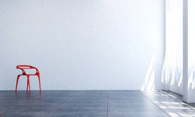 Kırmızı sandalye beyaz duvar oturma odası iç tasarım 