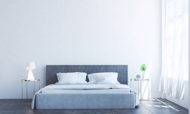 3D render iç en az yatak odası ve beyaz duvar iç tasarım