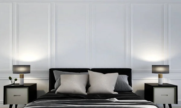 モダンで豪華なベッドルームと白い壁のパターンとランプのインテリア ・ デザイン — ストック写真